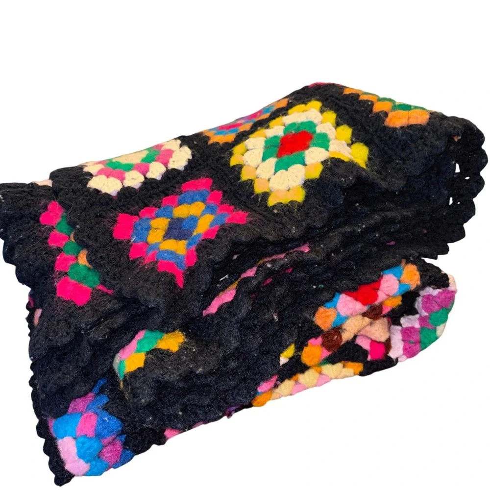 Vintage Handmade Crochet Granny Square Blanket Black Multi Bobble Stitch 60x49‎